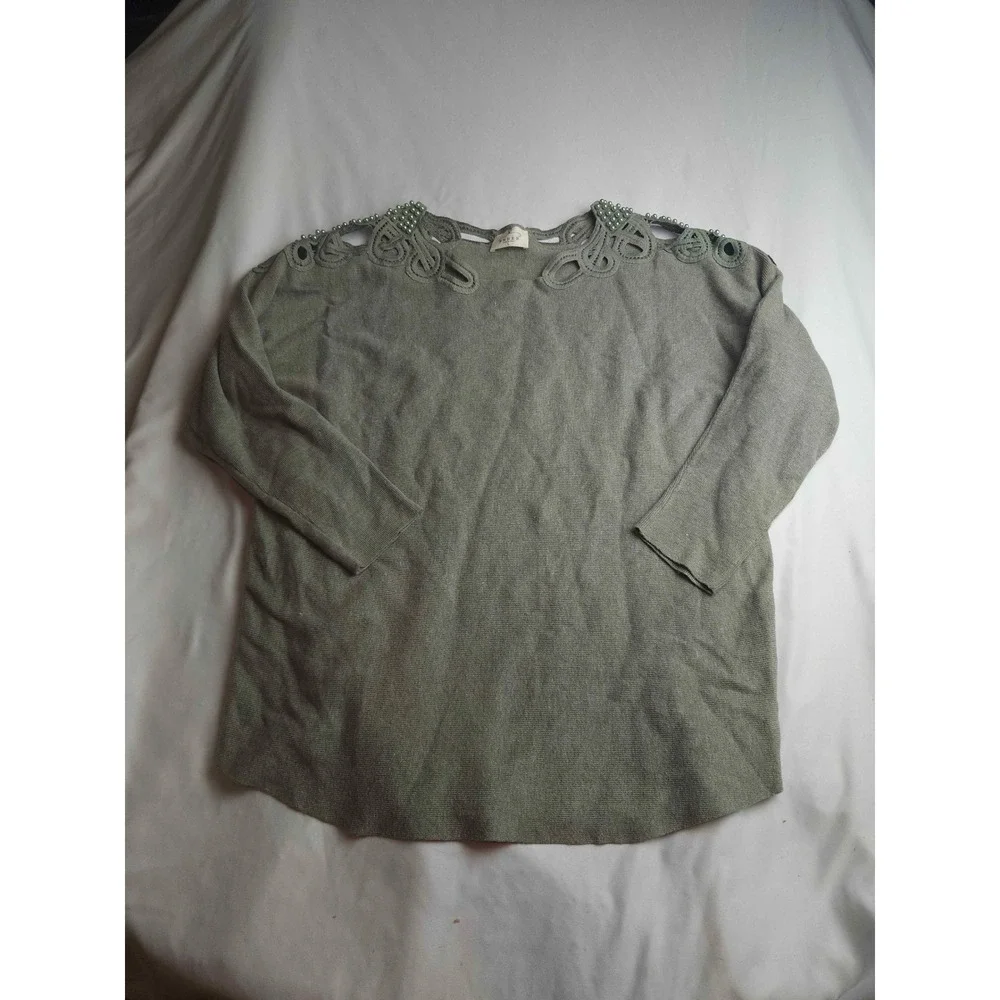 Ember Sage Green Crochet Cutout Pearl Embellished Knit Sweater Womens Large